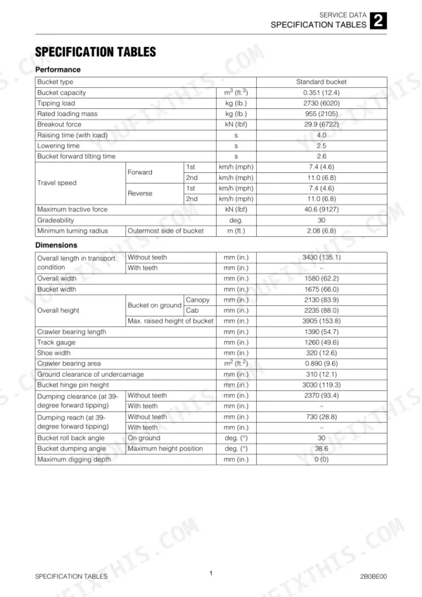 Takeuchi TL8 service manual specification tables for performance, travel speed, and machine dimensions with bucket data.