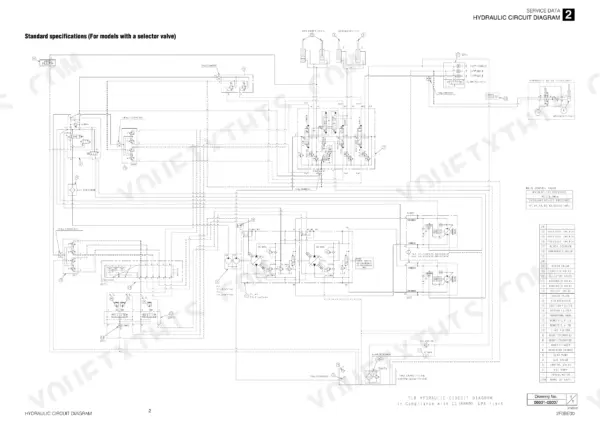 takeuchi-tl8-track-loader-service-manual-cu8e000-wiring-34.webp Takeuchi TL8 hydraulic circuit diagram for models with a selector valve, including component list and pressure specifications.