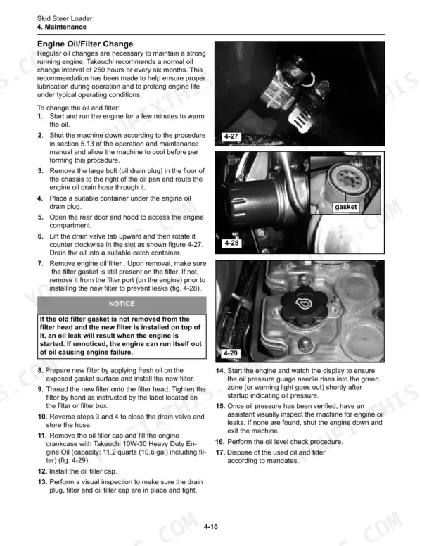 Takeuchi TS50V, TS60V engine oil and filter change procedure with photos of drain valve, filter gasket, and oil filler cap.