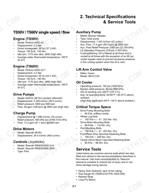 Takeuchi TS50V, TS60V technical specifications, engine data, hydraulic pump, drive motor, and critical torque settings table.