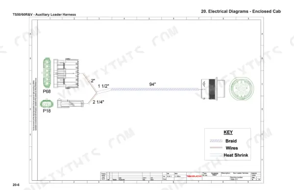 takeuchi-ts50v-ts60v-skid-steer-loader-service-manual-7006-201-wiring-113.webp Takeuchi TS50V, TS60V auxiliary loader harness wiring diagram showing P68 and P18 connector pinouts and cable dimensions.