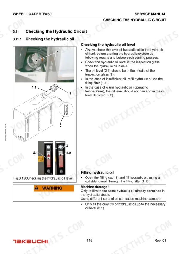Takeuchi TW60 service manual page showing hydraulic oil level inspection and filling procedures with tank diagram.
