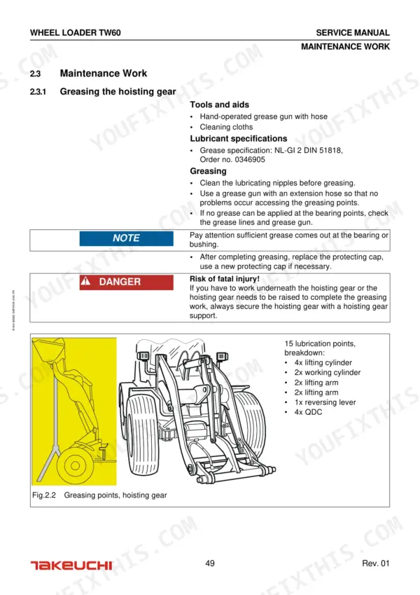Takeuchi TW60 service manual page showing maintenance procedures for greasing the hoisting gear, including lubrication point diagram.