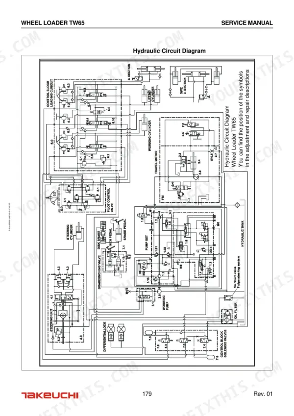 Takeuchi TW65 hydraulic circuit diagram showing pump, control block, steering, lifting cylinder, and travel motor components.