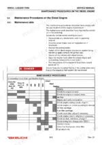 takeuchi-tw65-wheel-loader-service-manual-8015739-maintenance-219.webp Takeuchi TW65 service manual page 219 showing diesel engine maintenance procedures and a scheduled maintenance interval table.