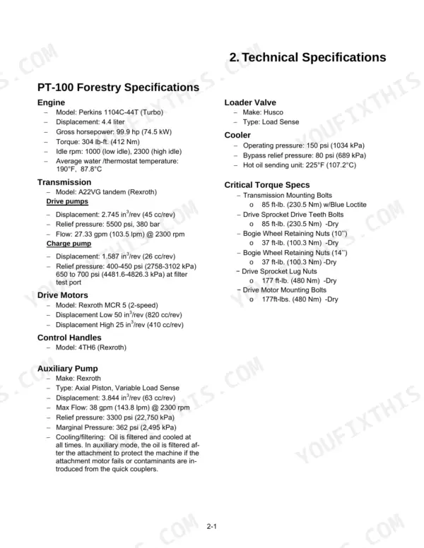 Terex PT-100 FORESTRY technical specifications, engine, transmission, hydraulic pump, and critical torque settings data table.