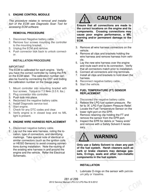 Utilev 2.2L Mazda Engine ECM, wire harness, and fuel temperature sensor replacement procedures.