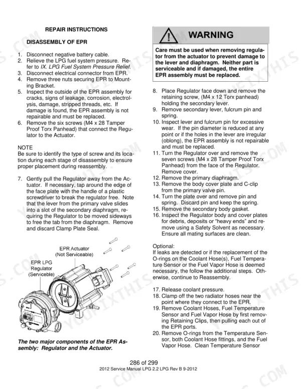 Utilev 2.2L Mazda Engine EPR disassembly procedure, including regulator and actuator component diagram and repair instructions.