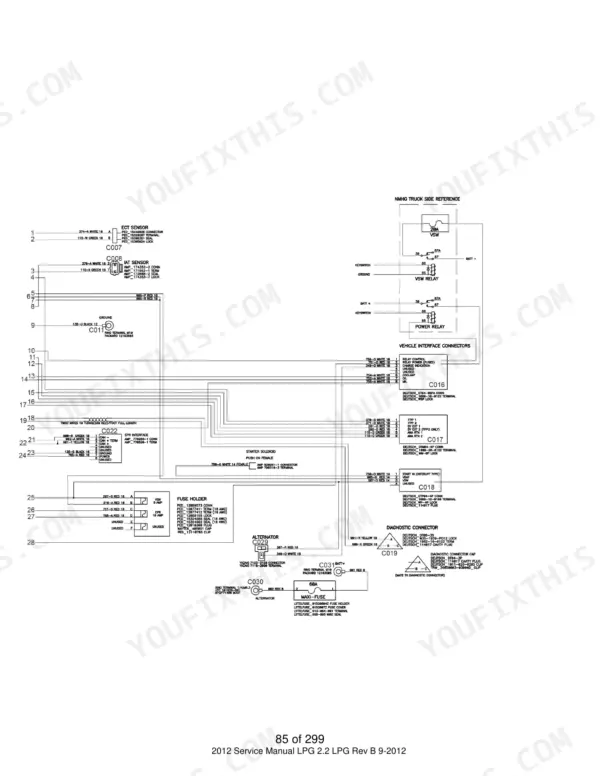 Utilev 2.2L Mazda Engine wiring diagram showing VSW relay, power relay, fuse holder, alternator, and diagnostic connector.