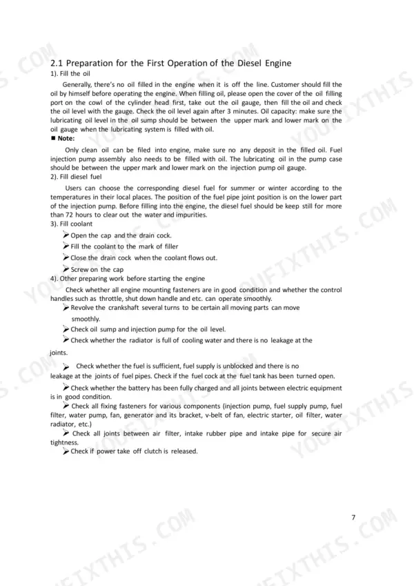 Utilev A490BPG diesel engine first operation preparation procedures including oil, fuel, coolant filling and system checks.