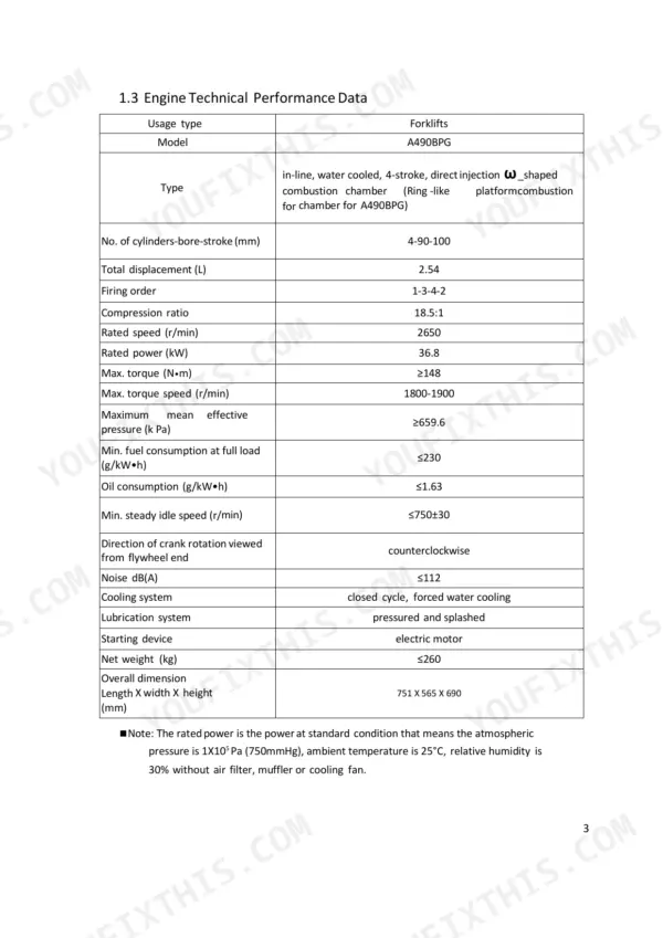 Utilev A490BPG engine technical performance data table including displacement, firing order, and torque specifications.