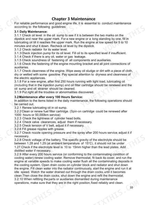 Utilev NB485BPG maintenance manual page detailing daily and 100-hour engine service procedures, including oil, coolant, and filter checks.