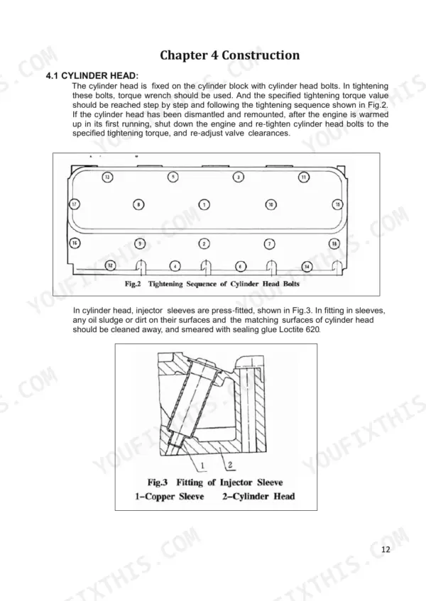 Utilev NB485BPG cylinder head bolt tightening sequence diagram and injector sleeve fitting cross-section view.
