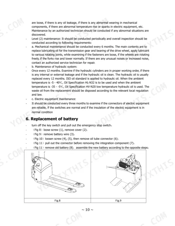 Utilev UT 1.5 WE maintenance guide for hydraulic and electric systems and battery replacement procedure with component diagrams.