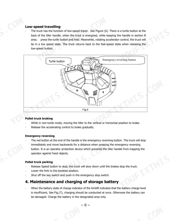 Utilev UT 1.5 WE tiller handle diagram showing turtle button and emergency reversing button for low-speed travel operations.