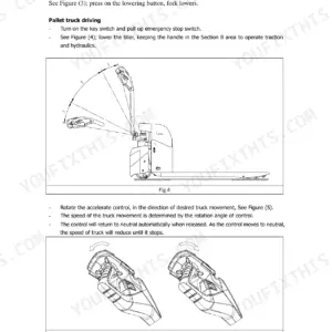 Utilev UT 1.5 WE operator manual showing fork lowering, pallet truck driving procedures, and tiller handle control diagrams.