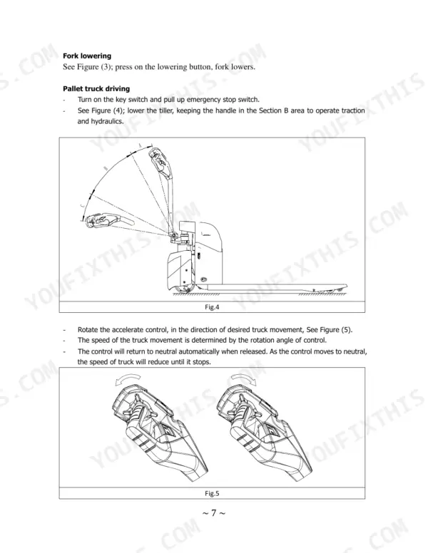utilev-ut-1-5-we-electric-pallet-truck-operator-manual-76502805-operations-9.webp Utilev UT 1.5 WE operator manual showing fork lowering, pallet truck driving procedures, and tiller handle control diagrams.