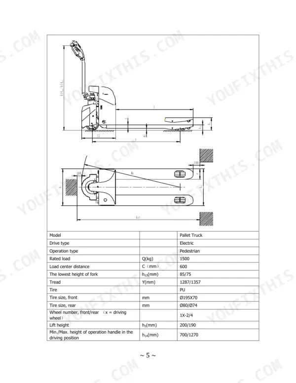 Utilev UT 1.5 WE pallet truck dimension diagrams and technical specification table including load, lift height, and tire sizes.