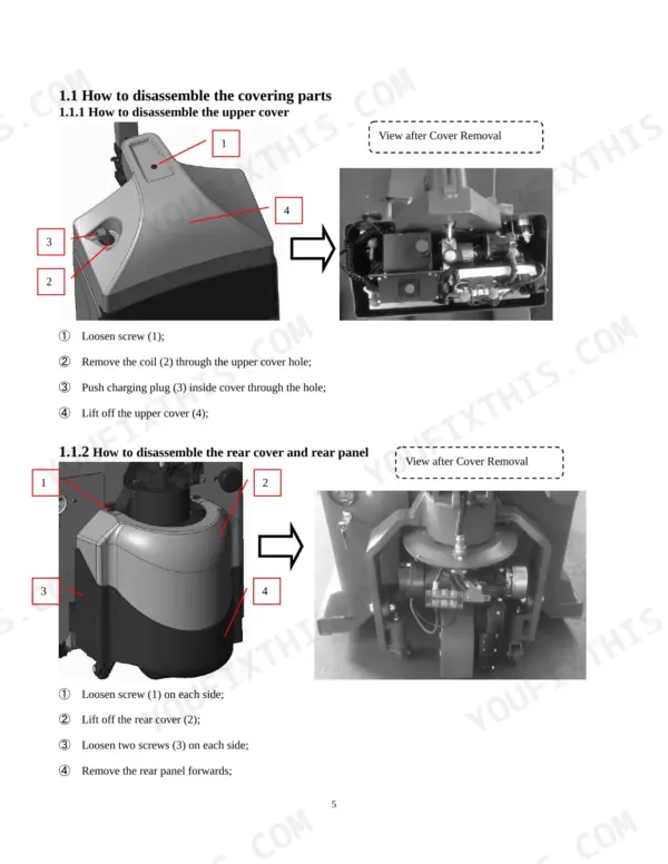 Utilev UT 1.5 WE service manual page showing procedures to disassemble the upper cover, rear cover, and rear panel components.