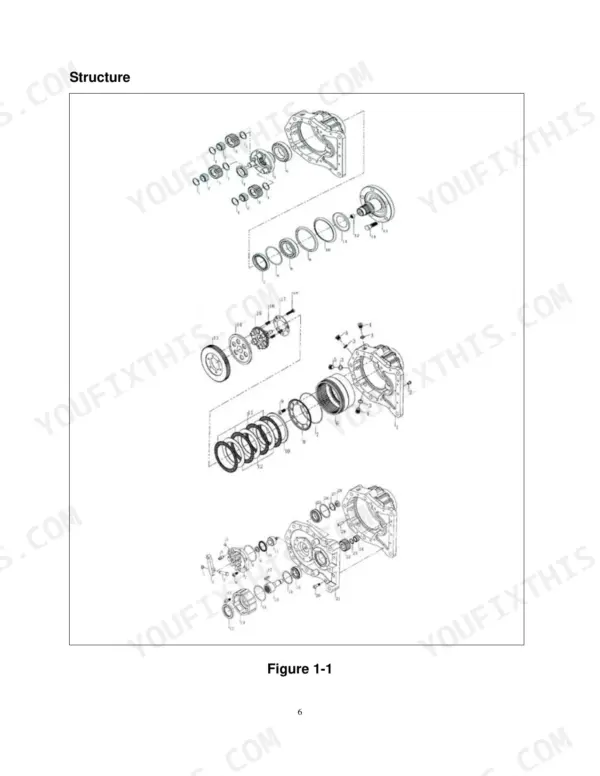 utilev-ut13pte-variants-3-wheel-electric-counterbalanced-forklift-truck-service-manual-76002086-exploded-view-6.webp Utilev UT13PTE to UT20PTE Series exploded view diagram of the transmission drive axle structure.