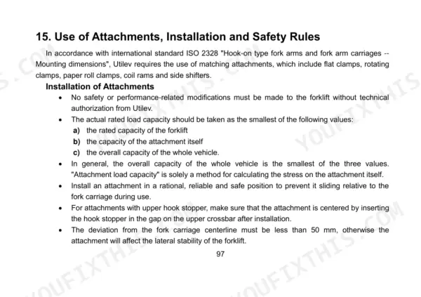 Utilev UT13PTE to UT20PTE Series forklift attachment installation and safety rules procedure page.
