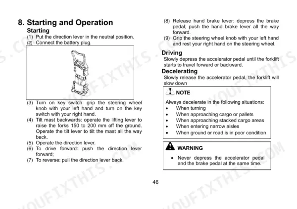 Utilev UT13PTE to UT20PTE Series starting and operation procedures, including driving and deceleration steps.