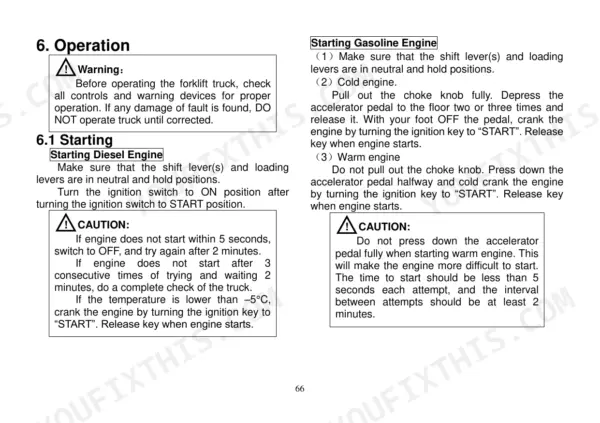 Utilev UT15P-UT35P operator manual page 66: procedures for starting diesel and gasoline engines, including cold and warm start steps.