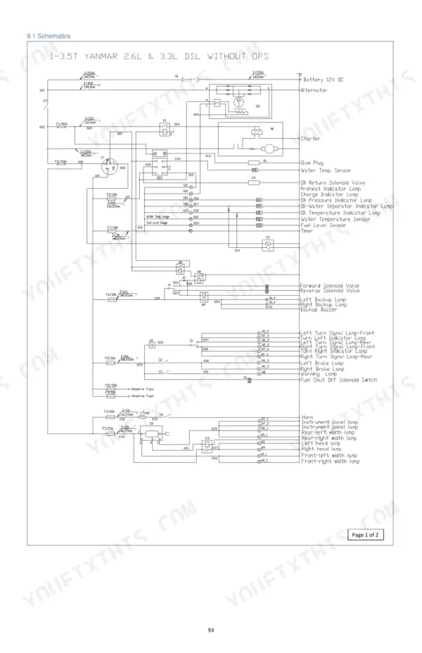 Utilev UT15P to UT35P Series Yanmar 2.6L and 3.3L diesel electrical wiring schematic.