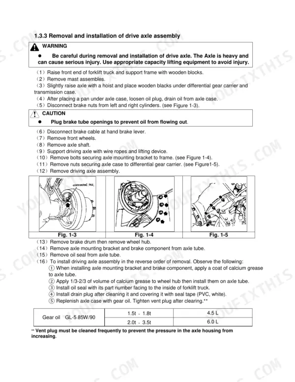 Utilev UT15PFE-UT35PFE drive axle assembly removal and installation procedure with component diagrams and gear oil capacity table.