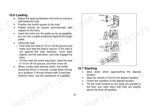 Utilev UT15PFE to UT35PFE Series forklift loading and stacking operation procedures and diagrams.