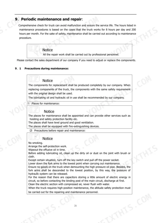 Utilev UT15RS, UT15RSS periodic maintenance and repair precautions, safety procedures, and workshop requirements.