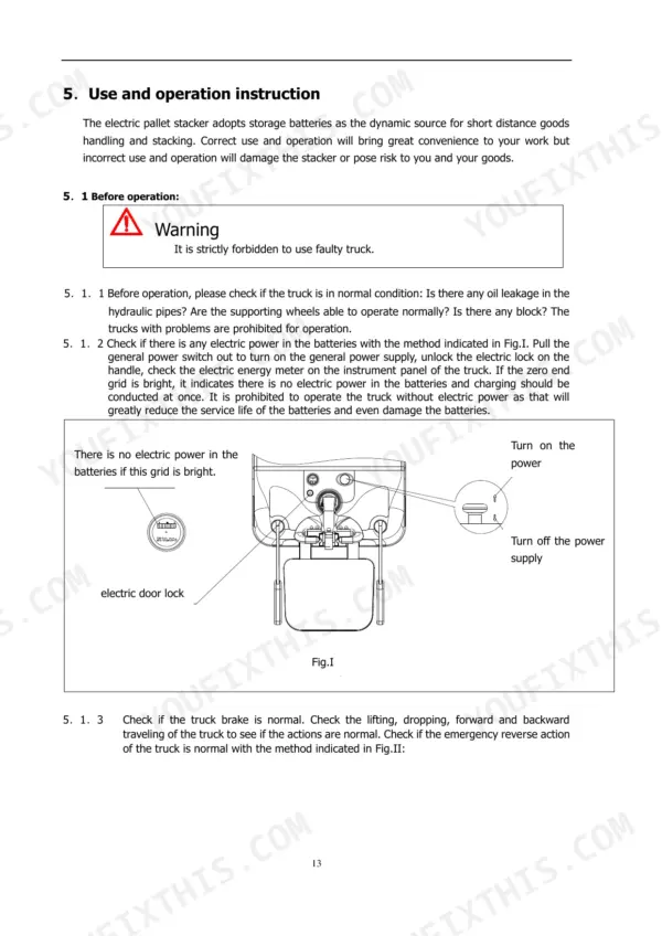 utilev-ut15rs-ut15rss-electric-platform-truck-operator-manual-76507615-operations-16.webp Utilev UT15RS, UT15RSS operation instructions, pre-operation checks, and battery power indicator diagram.