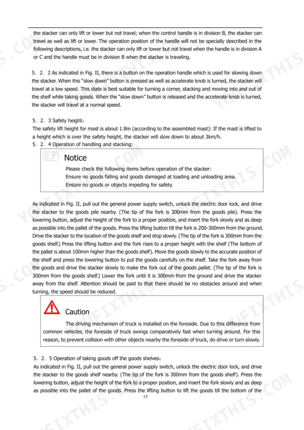 Utilev UT15RS, UT15RSS operator manual procedures for stacker handling, stacking, and taking goods off shelves.