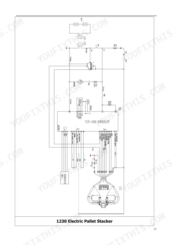 Utilev UT15WSL, UT15WSS, UT15WS electric pallet stacker wiring diagram showing 1230-2402 controller, motors, and handle controls.