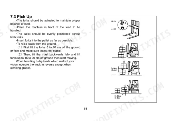 Utilev UT20P, UT25P, UT30P, UT35P, UT25C, UT30C forklift load pick up procedure and mast tilt operation diagrams.
