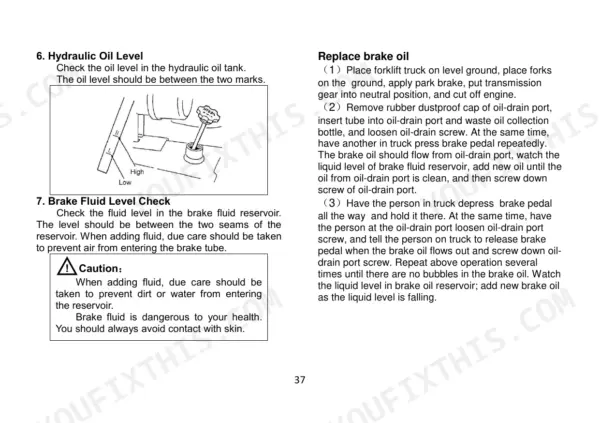 Utilev UT20P, UT25P, UT30P, UT35P, UT25C, UT30C hydraulic oil level check diagram and brake fluid replacement procedures.