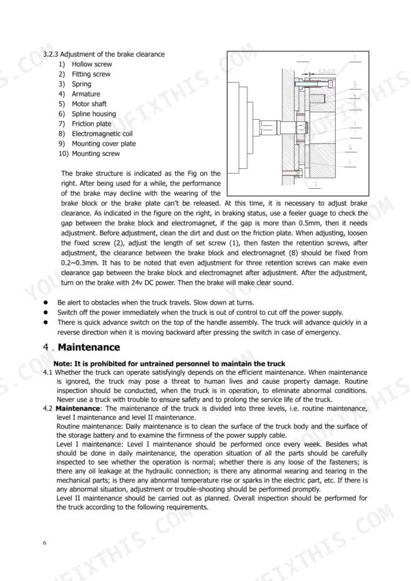 Utilev UT20KWE brake clearance adjustment diagram, component list, and maintenance schedule procedures.