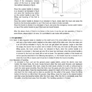 Utilev UT20KWE operator manual showing control handle operation diagram and procedures for lifting, traveling, and braking.