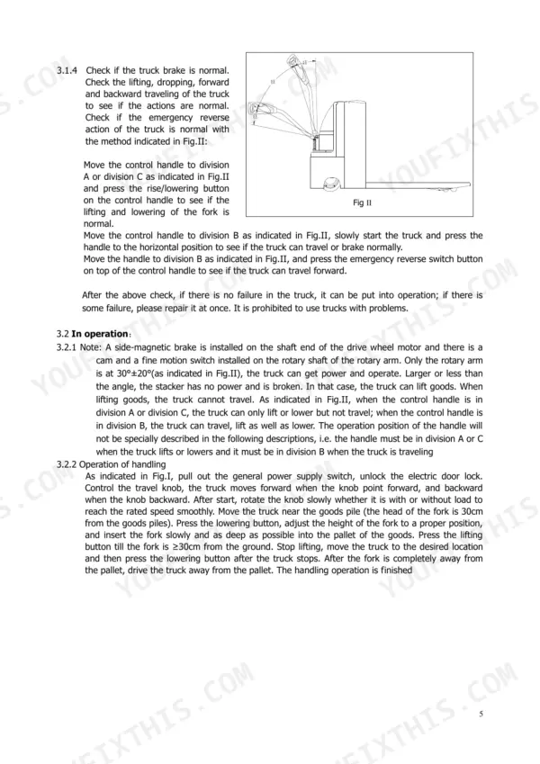 utilev-ut20kwe-pedestrian-pallet-truck-operator-manual-76507616-operations-7.webp Utilev UT20KWE operator manual showing control handle operation diagram and procedures for lifting, traveling, and braking.