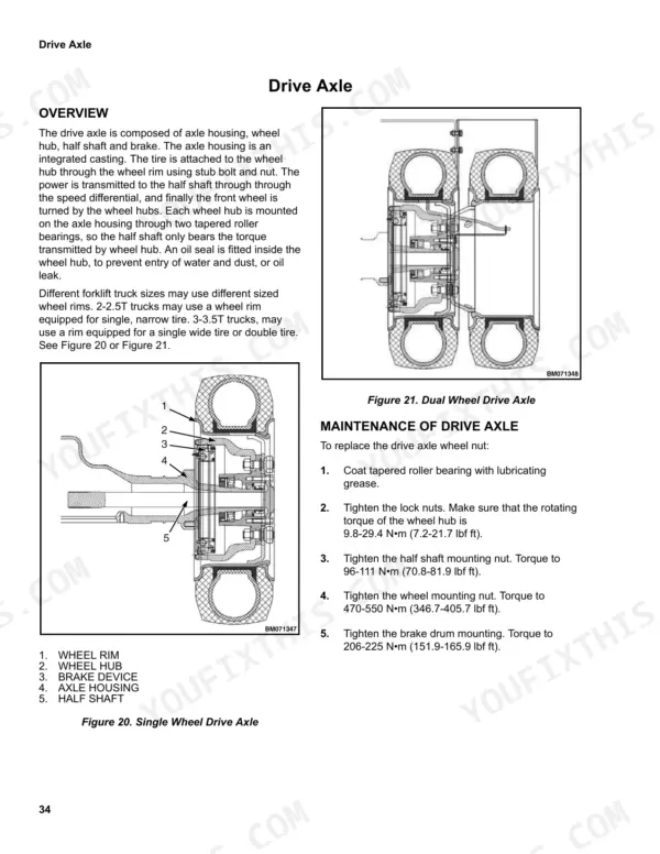 Utilev UT20P, UT25P, UT30P, UT35P drive axle diagrams, component identification, and torque maintenance procedures.