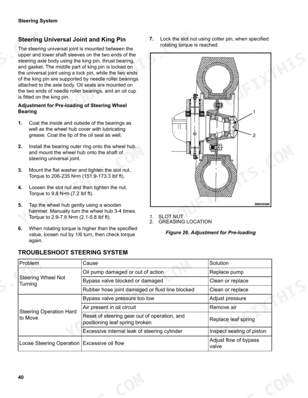 Utilev UT20P, UT25P, UT30P, UT35P steering universal joint pre-loading adjustment procedure and troubleshooting table.