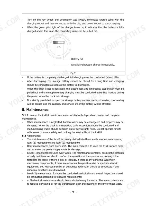 Utilev UT20WE battery charging instructions, Fig. 7 indicator diagram, and forklift maintenance schedule procedures.