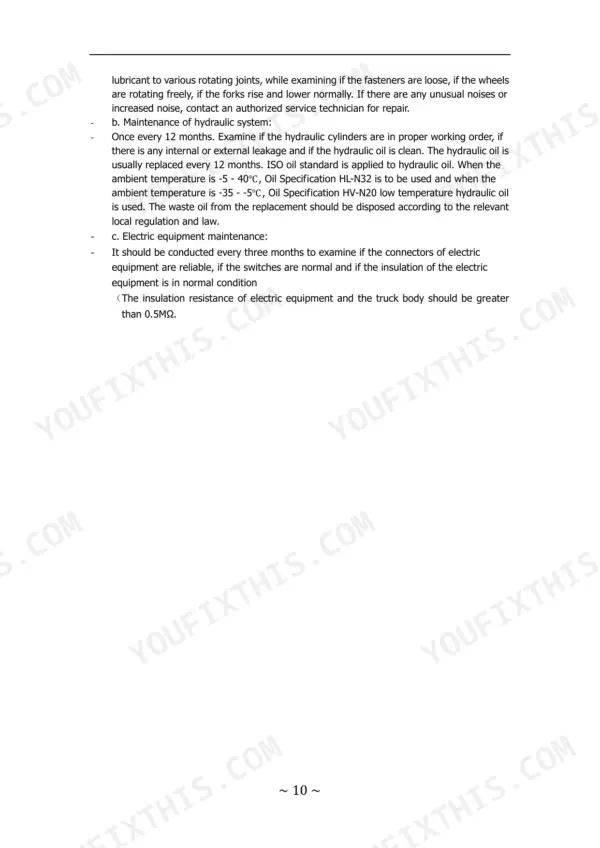 Utilev UT20WE maintenance procedures for hydraulic system oil specifications and electric equipment inspection.