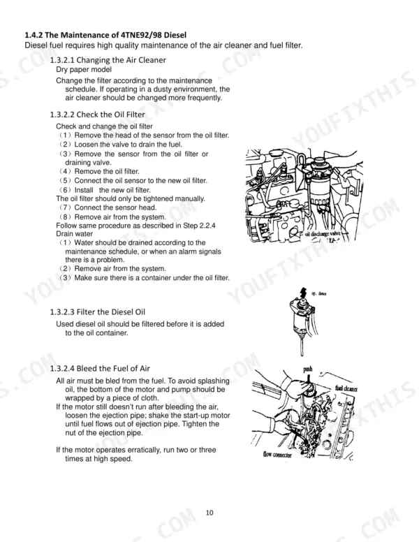 Utilev UT25P to UT30C Series maintenance procedures for 4TNE92/98 diesel oil and fuel filters.
