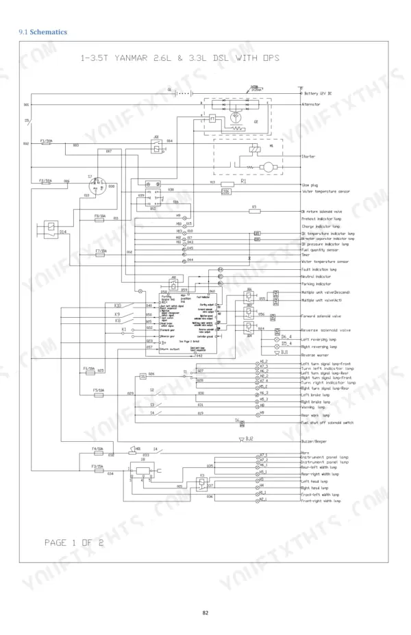 utilev-ut25p-ut25c-ut30p-ut30c-internal-combustion-counterbalanced-forklift-truck-service-manual-76002089-wiring-82.webp Utilev UT25P to UT30C Series electrical wiring schematic for Yanmar 2.6L and 3.3L diesel engines.