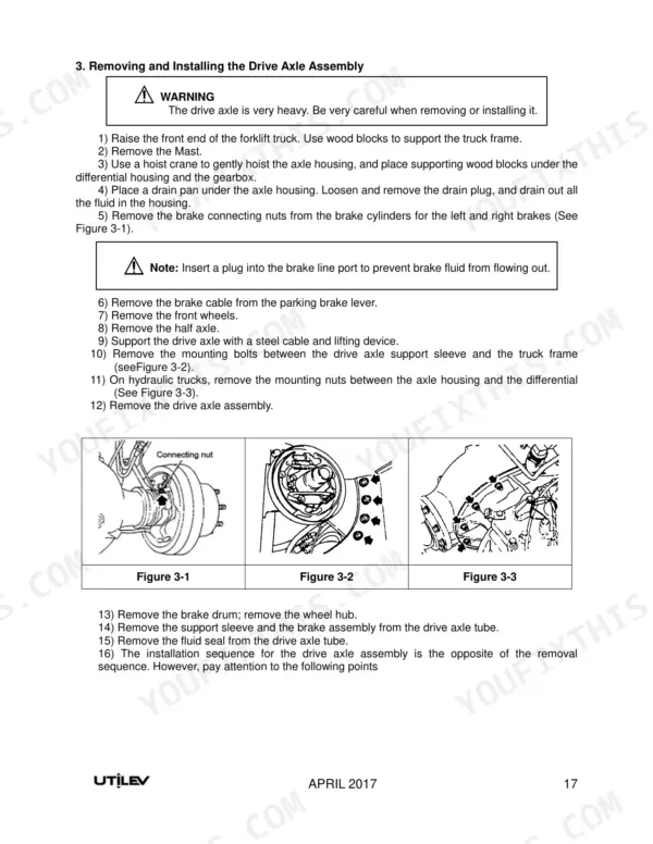 Utilev UT40P, UT50PS drive axle removal and installation procedure steps and diagrams.