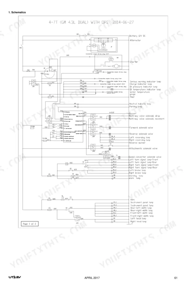 Utilev UT40P, UT50PS electrical wiring schematic for GM 4.3L engine with OPS.