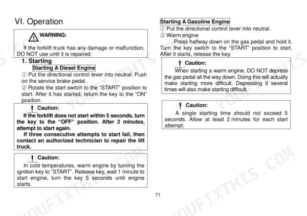 Utilev UT40P, UT45P, UT50PS, UT50P, UT60P, UT70P operator manual page 71: procedures for starting diesel and gasoline engines.