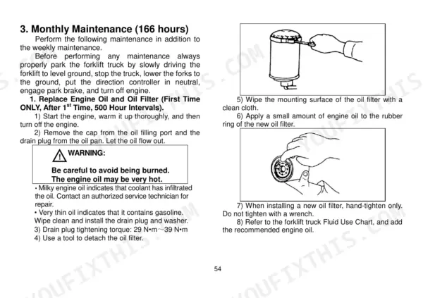 Utilev UT40P, UT45P, UT50PS, UT50P, UT60P, UT70P monthly maintenance procedure for replacing engine oil and oil filter.