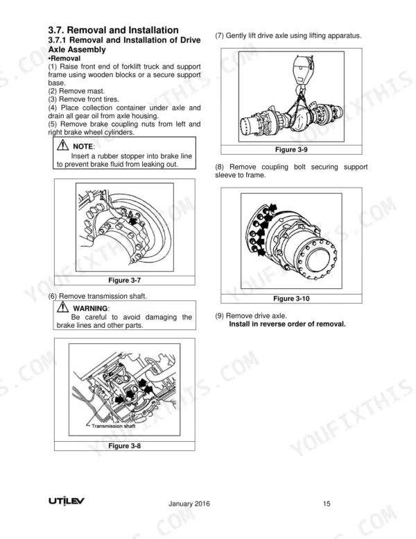 Utilev UT50P, UT60P, UT70P drive axle assembly removal and installation procedure diagrams.